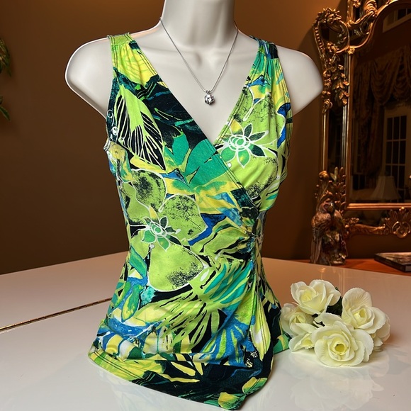 🌴CACHE FLORAL TROPICAL V NECK RUCHED SIDE TOP SIZE SMALL🌺🌴 - Picture 3 of 13